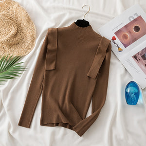 Knitted Pullover Top Pull Femme 2022 Ruffles Women's Sweater Autumn Winter Warm Half Turtleneck Casual Sweaters Chic Tops