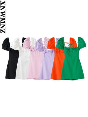 XNWMNZ women white fashion linen blend dress female square neck short puff sleeves backless crossover straps dress for women's