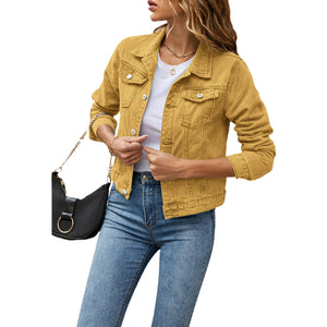 Women&#39;s Denim Jackets Fashion Female Casual Long Sleeve Lapel Solid Button Down Chest Pocket Slim Jean Jacket Fall Winter Coat