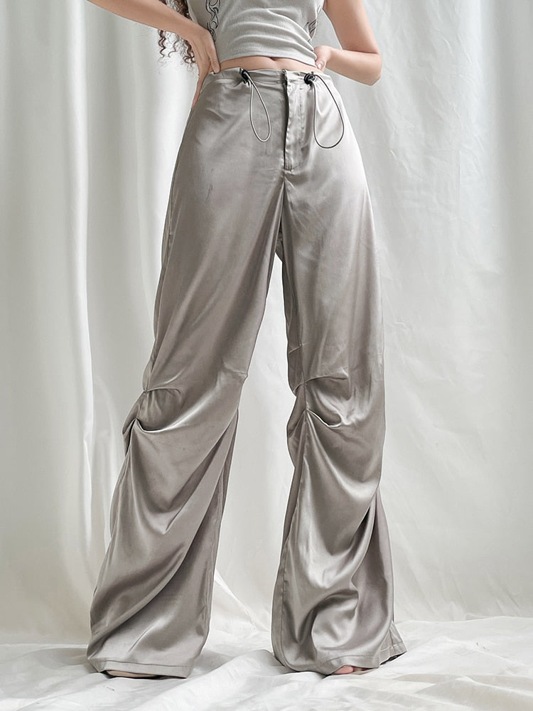 Weekeep Satin Wide Leg Women's Pants Baggy Drawstring Jogging Sweatpants 2023 Summer Fashion Low Rise Trouser Elegant Streetwear