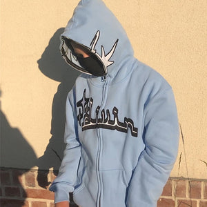 Y2K Embroidered Print Hoodies Men&#39;s Fashion Oversized Full Zip Up Hooded Sweatshirt Hip Hop Long Sleeve Jacket Coat Streetwear