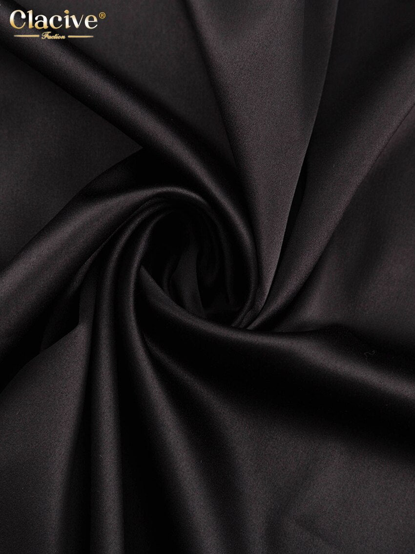 Clacive Casual Black Satin Women'S Dresses 2023 Elegant O-Neck Long Sleeve Ankle-Length Dress Fashion Simple Silky Female Dress