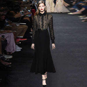 MoaaYina Fashion Designer dress Spring Women's Dress Long sleeve Lace Package Hip Elegant Party Black Fishtail Dresses