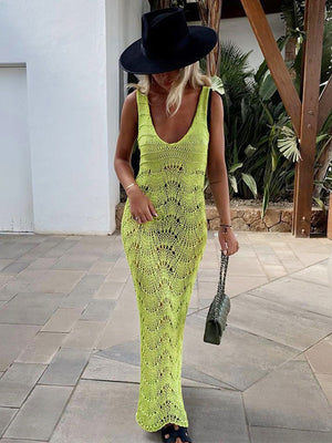 New White Crochet Tunic Swimwear Cover-ups 2023 Women's Clothes Sexy Hollow Out Low-cut Solid Color Slim Beach Maxi Dress A2210