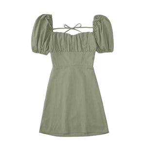 XNWMNZ women white fashion linen blend dress female square neck short puff sleeves backless crossover straps dress for women's