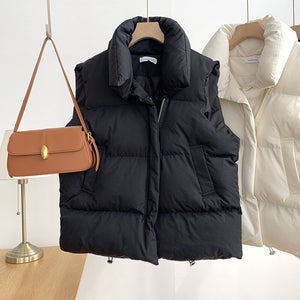Winter Women&#39;s Vest Stand Collar Zipper Sleeveless Padded Puff Jacket Overcoat Solid Color Loose Drawstring Waistcoat Vest Coat