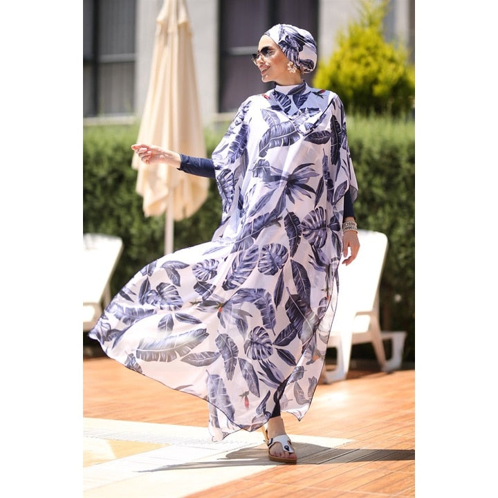 4 Pcs Women's Muslim Swimwear Digital Printed Lslamic Clothes Hijab Long Sleeves Sport Swimsuit Burkinis Wear Bathing Suit 4XL