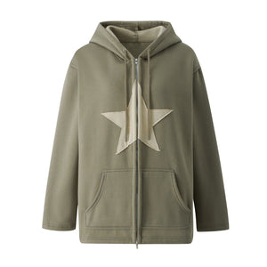 Hip Hop Zip Up Hoodie Vintage Star Patch Cotton Loose Sweatshirt Jacket Harajuku Gothic Long Sleeve Women Sweatshirt Y2k Clothes