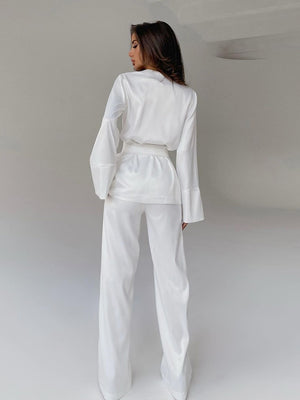 Solid Color Pajamas For Women Robe Sets Full Sleeves Women&#39;s Home Clothes Trouser Suits Satin Nightgowns Spring 2022 Loungewear