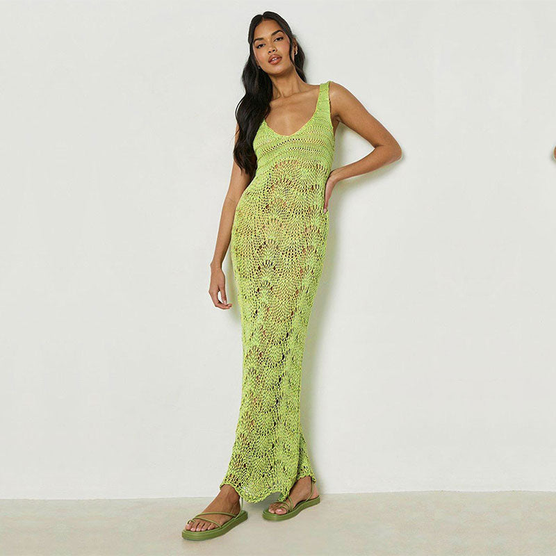 New White Crochet Tunic Swimwear Cover-ups 2023 Women's Clothes Sexy Hollow Out Low-cut Solid Color Slim Beach Maxi Dress A2210