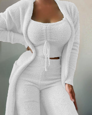 2022 New Autumn Winter Women&#39;s Velvet Pajamas Set Crop Top+Long Pants+Coat 3 Pieces Suit Warm Soft Fleece Homewear Pyjamas S-3XL