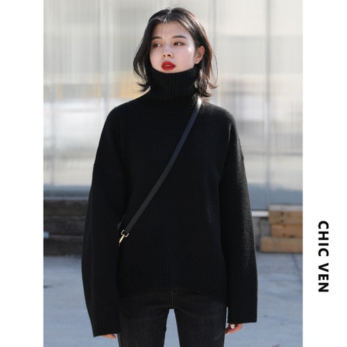 CHIC VEN Korean Women&#39;s Sweater Loose Turtleneck Sweaters Warm Solid Pullover Knitwear Basic Female Tops Autumn Winter 2022