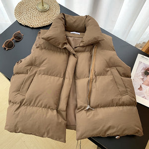 Winter Women&#39;s Vest Stand Collar Zipper Sleeveless Padded Puff Jacket Overcoat Solid Color Loose Drawstring Waistcoat Vest Coat