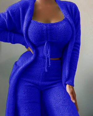 2022 New Autumn Winter Women&#39;s Velvet Pajamas Set Crop Top+Long Pants+Coat 3 Pieces Suit Warm Soft Fleece Homewear Pyjamas S-3XL