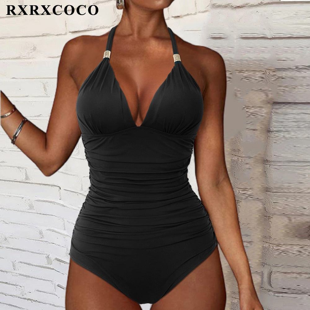 RXRXCOCO Women&#39;s Swimsuit One Piece Push Up Swimwear Women Neck Hanging Backless Sexy Bathing Suit Black Blue Beachwear Swimsuit
