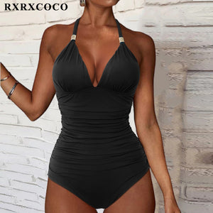 RXRXCOCO Women&#39;s Swimsuit One Piece Push Up Swimwear Women Neck Hanging Backless Sexy Bathing Suit Black Blue Beachwear Swimsuit