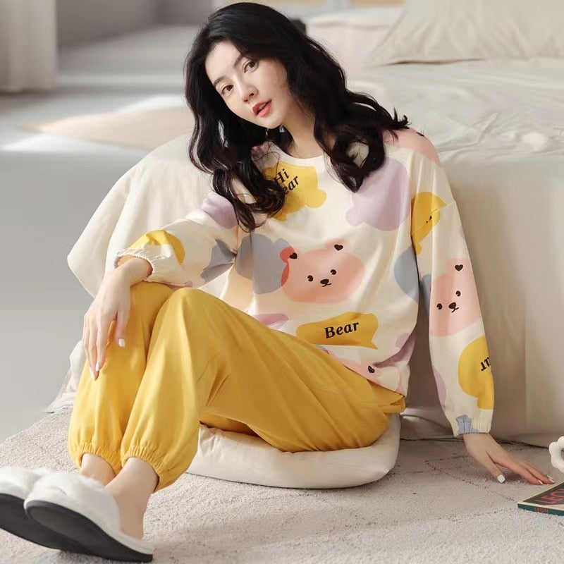 Pajamas Ladies Spring Autumn Long Sleeve Polyester Cotton Women&#39;s Autumn and Winter Large Size Casual Autumn Homewear Set