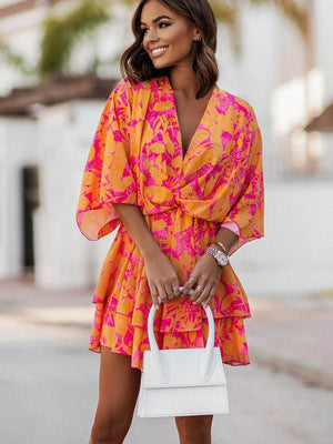 Women&#39;s Sexy V Neck Bat Sleeve Mini Dress Boho Floral Print High Waist Elegant Women Ruffle Office Party Dresses Robe
