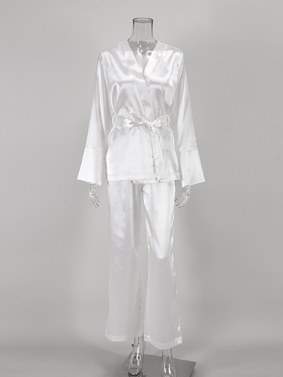 Solid Color Pajamas For Women Robe Sets Full Sleeves Women&#39;s Home Clothes Trouser Suits Satin Nightgowns Spring 2022 Loungewear
