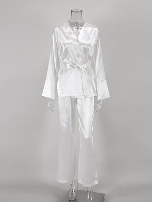 Solid Color Pajamas For Women Robe Sets Full Sleeves Women&#39;s Home Clothes Trouser Suits Satin Nightgowns Spring 2022 Loungewear