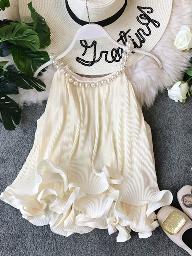 Women's Tops Summer Halter Beading Curled Chiffon Shirt Ruffled Loose Baby Shirt Sleeveless Tops Women Blouse ML843