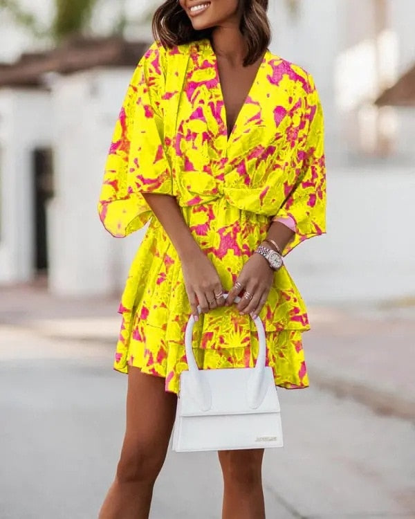 Women&#39;s Sexy V Neck Bat Sleeve Mini Dress Boho Floral Print High Waist Elegant Women Ruffle Office Party Dresses Robe