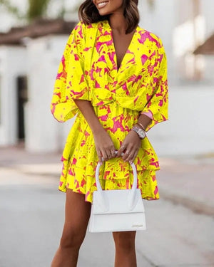 Women&#39;s Sexy V Neck Bat Sleeve Mini Dress Boho Floral Print High Waist Elegant Women Ruffle Office Party Dresses Robe