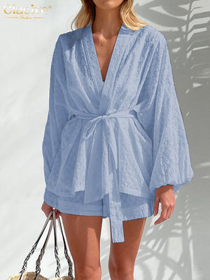 Clacive Fashion Long Sleeve Robes Top Two Piece Sets Womens Outifits Autumn Casual White Home Suit Elegant Shorts Women'S Sets