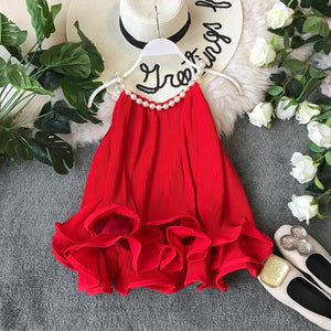 Women's Tops Summer Halter Beading Curled Chiffon Shirt Ruffled Loose Baby Shirt Sleeveless Tops Women Blouse ML843