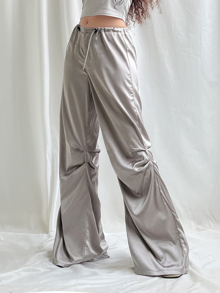 Weekeep Satin Wide Leg Women's Pants Baggy Drawstring Jogging Sweatpants 2023 Summer Fashion Low Rise Trouser Elegant Streetwear