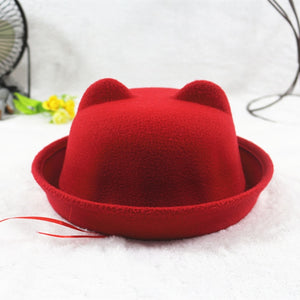 Adult Children Flat-top Fedora Hat Pure Color Imitation Wool Jazz Hat Wide Brim Ladies Elegant Round Hat Bowler Hat