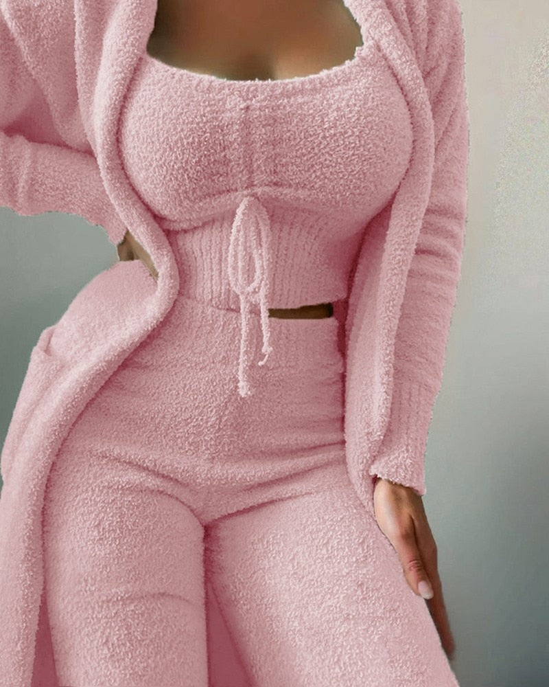 2022 New Autumn Winter Women&#39;s Velvet Pajamas Set Crop Top+Long Pants+Coat 3 Pieces Suit Warm Soft Fleece Homewear Pyjamas S-3XL