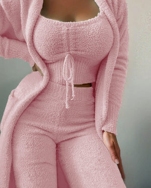 2022 New Autumn Winter Women&#39;s Velvet Pajamas Set Crop Top+Long Pants+Coat 3 Pieces Suit Warm Soft Fleece Homewear Pyjamas S-3XL