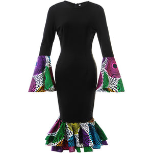 African Dresses For Women Ankara Africa Print Lotus Leaf Trumpet Sleeve Blue Circle Black Sexy Slim Dress Sexy Women's Clothing
