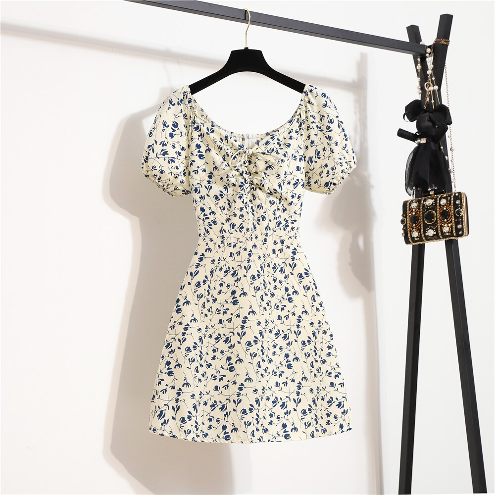 Women&#39;s Mini Sexy Dresses Summer Beach Floral Printed Shirring Pleated Elegant Short Puffy Sleeve Dress Korea Female Vestidos