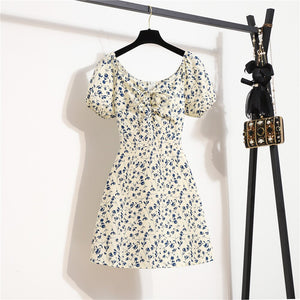 Women&#39;s Mini Sexy Dresses Summer Beach Floral Printed Shirring Pleated Elegant Short Puffy Sleeve Dress Korea Female Vestidos