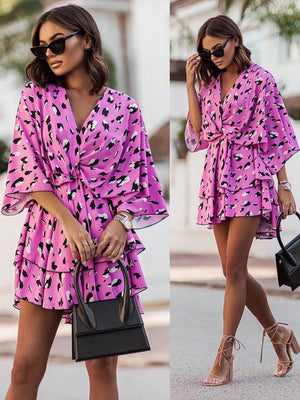 Women&#39;s Sexy V Neck Bat Sleeve Mini Dress Boho Floral Print High Waist Elegant Women Ruffle Office Party Dresses Robe