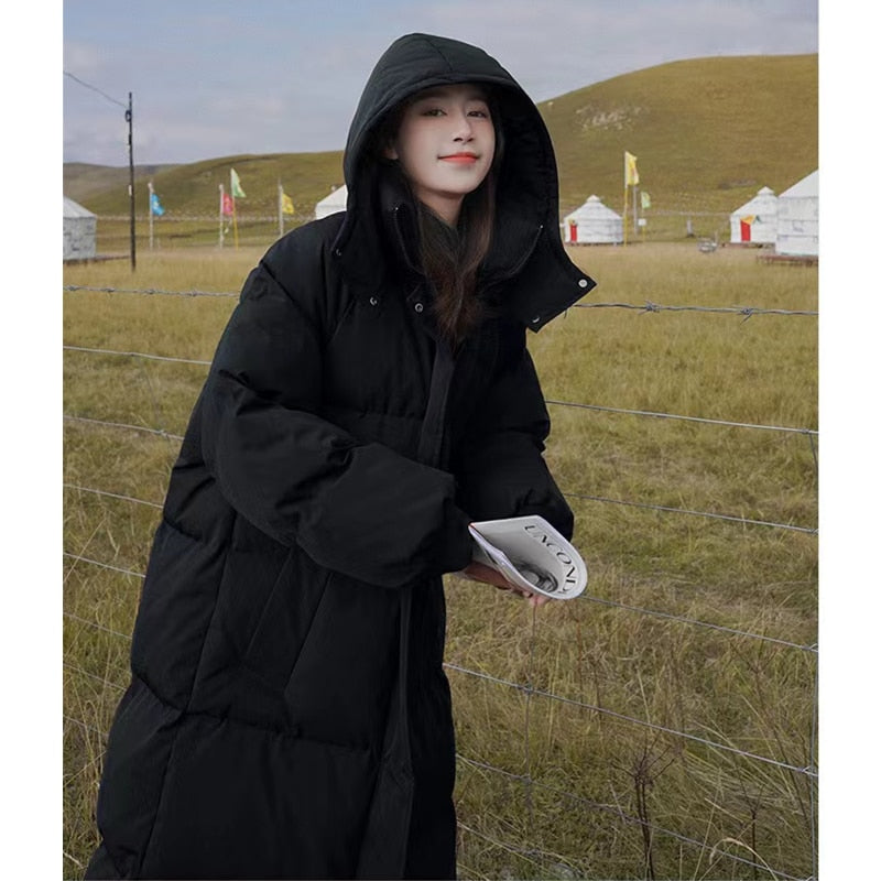 Women's Blue Down Jacket Hooded Long Cotton Clothes Winter Warm Thicken Windproof Korean Fashion Loose Oversized Coat Tops