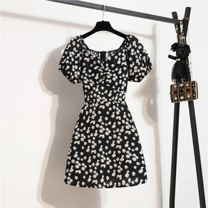 Women&#39;s Mini Sexy Dresses Summer Beach Floral Printed Shirring Pleated Elegant Short Puffy Sleeve Dress Korea Female Vestidos