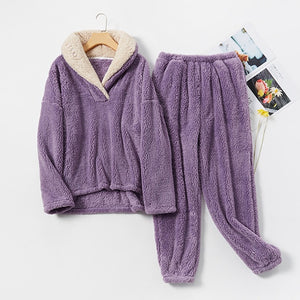New Pajama Sets Women&#39;s Solid Long Sleeve Winter Woman Fluffy Pijama Suit with Pants Thick Warm Fleece Home Clothes for Female