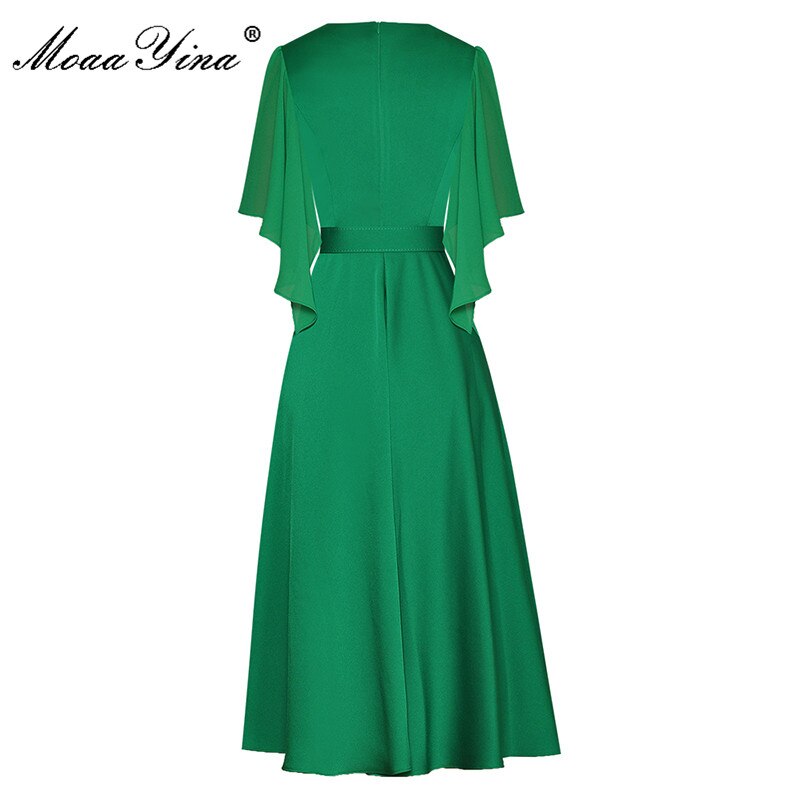 MoaaYina Fashion Designer dress Summer Women&#39;s Dress Butterfly Sleeve Hollow-out Embroidery Sashes Green Party Dresses 2022