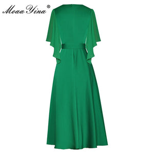 MoaaYina Fashion Designer dress Summer Women&#39;s Dress Butterfly Sleeve Hollow-out Embroidery Sashes Green Party Dresses 2022