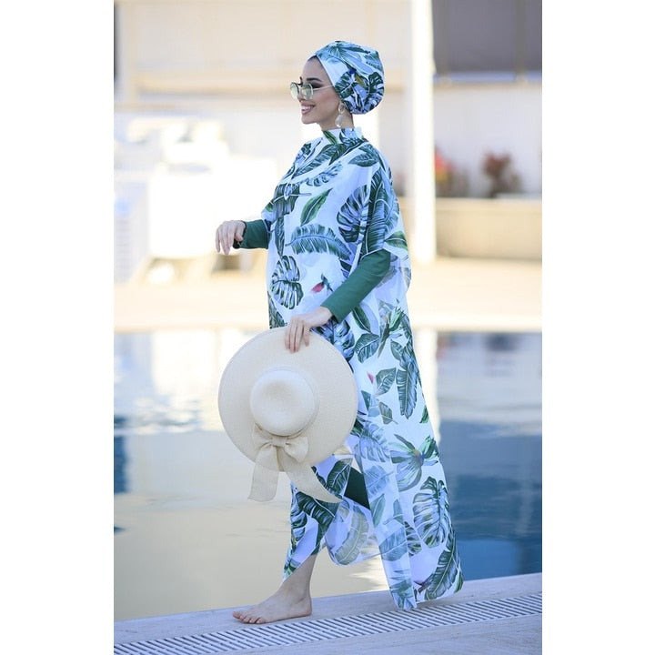 4 Pcs Women's Muslim Swimwear Digital Printed Lslamic Clothes Hijab Long Sleeves Sport Swimsuit Burkinis Wear Bathing Suit 4XL