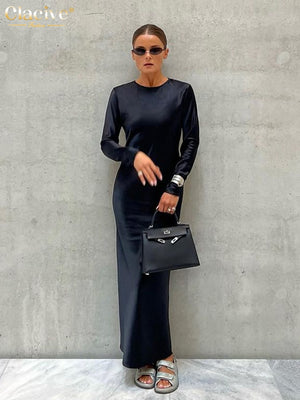 Clacive Casual Black Satin Women'S Dresses 2023 Elegant O-Neck Long Sleeve Ankle-Length Dress Fashion Simple Silky Female Dress