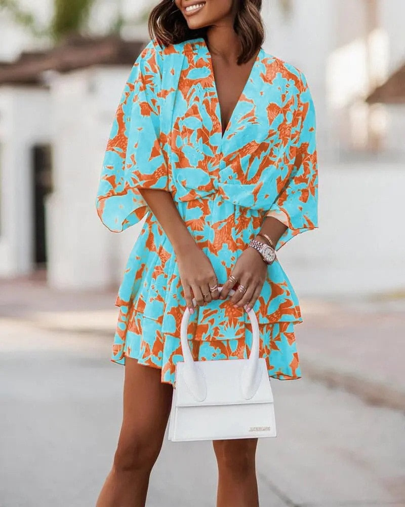 Women&#39;s Sexy V Neck Bat Sleeve Mini Dress Boho Floral Print High Waist Elegant Women Ruffle Office Party Dresses Robe
