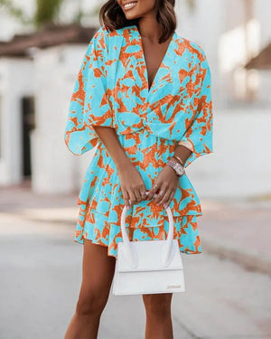 Women&#39;s Sexy V Neck Bat Sleeve Mini Dress Boho Floral Print High Waist Elegant Women Ruffle Office Party Dresses Robe