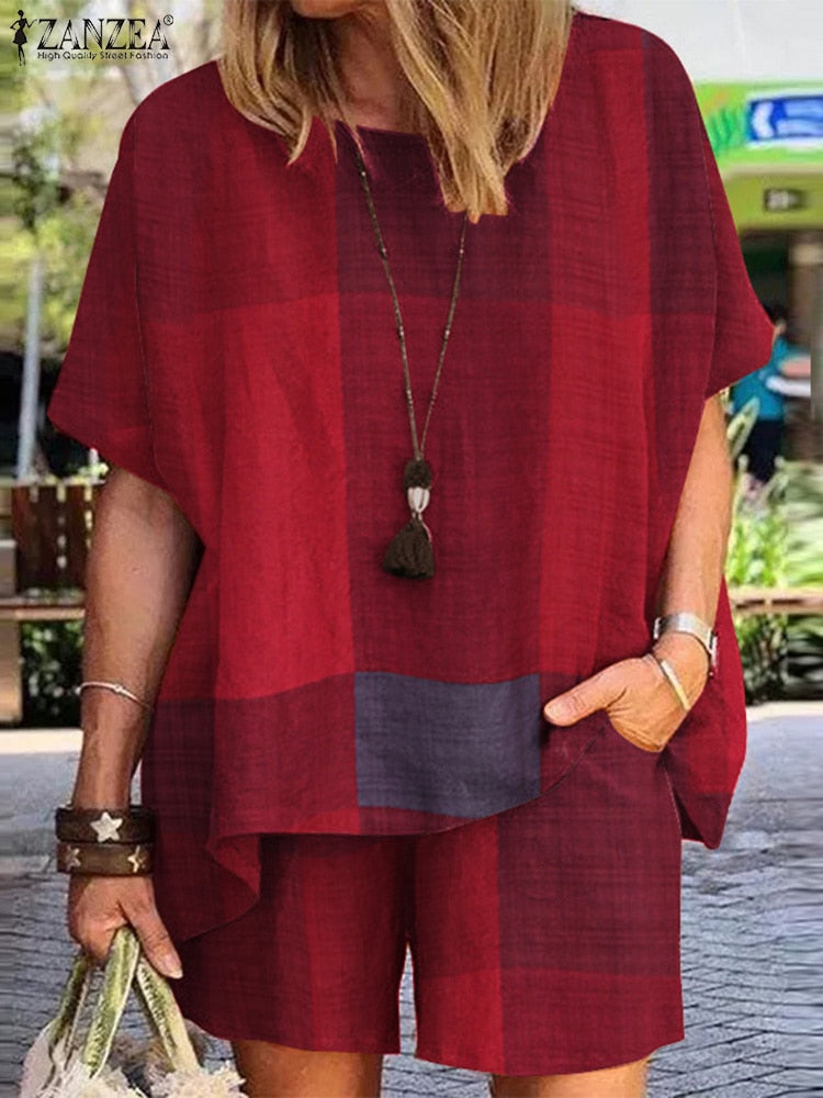 ZANZEA Women's Summer Short Sleeve Shirt Tops Two Piece Shorts Suits Casual Tracksuit Plaid Checked Sets Matching Set Streetwear