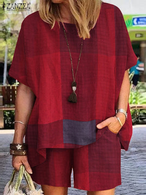 ZANZEA Women's Summer Short Sleeve Shirt Tops Two Piece Shorts Suits Casual Tracksuit Plaid Checked Sets Matching Set Streetwear