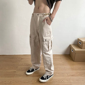 Summer Cargo Pants Men Fashion Retro Pocket Casual Pants Mens Japanese Streetwear Loose Hip Hop Straight Pants Mens Trousers