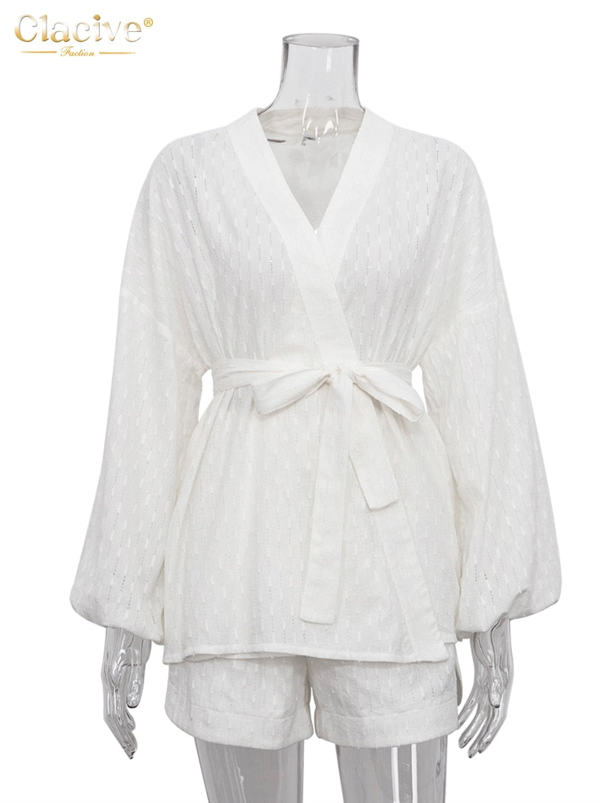 Clacive Fashion Long Sleeve Robes Top Two Piece Sets Womens Outifits Autumn Casual White Home Suit Elegant Shorts Women'S Sets